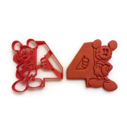 Mickey Mouse Cookie Cutter. Holding the number 4 for fourth year birthday. 4th year cookie cutter works great for cookies, Play-Doh, fondant